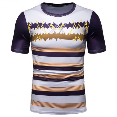 New Summer Men's Short-Sleeved T-Shirt Contrast Striped Slim Casual T-Shirt